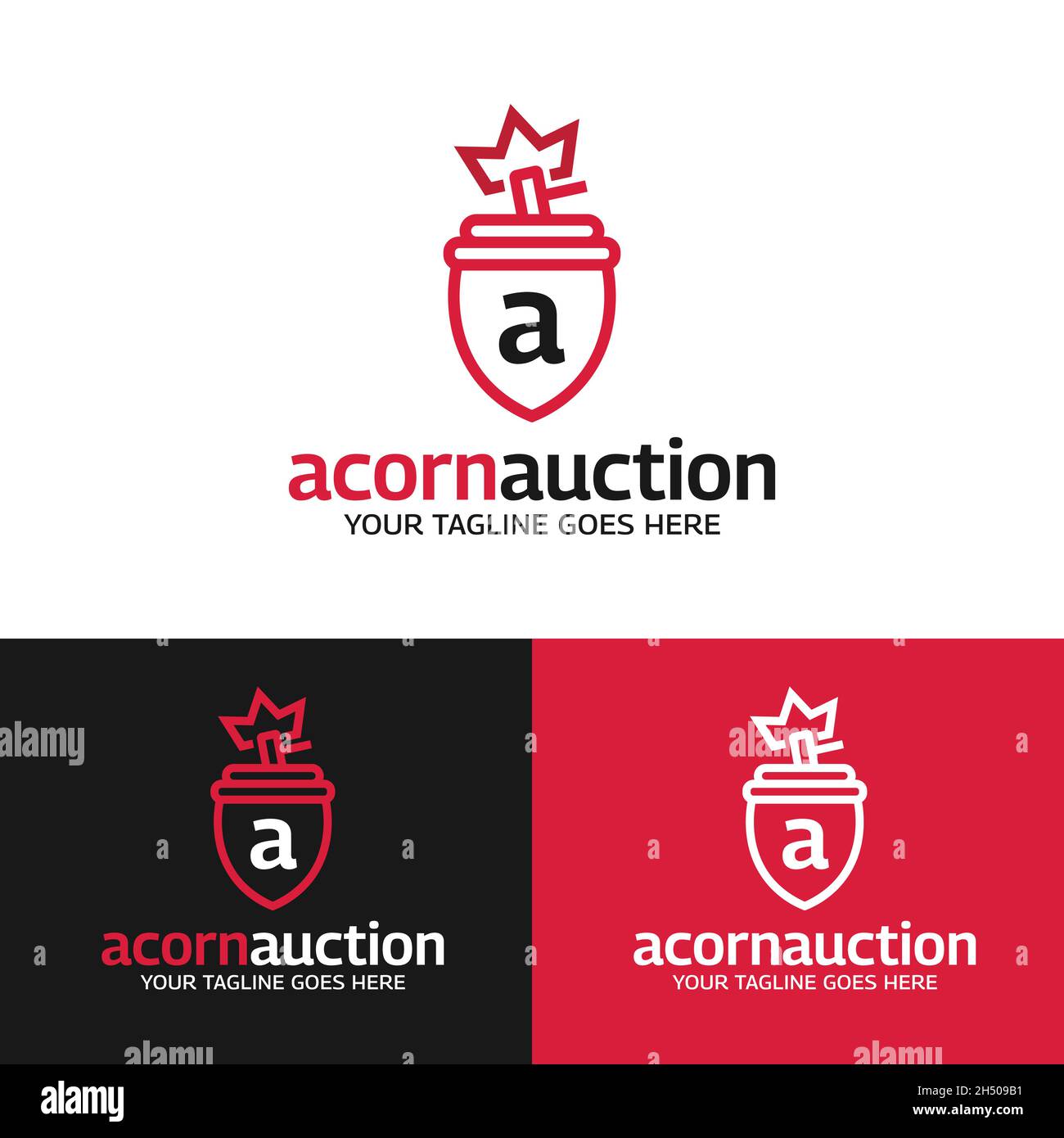 Acorn Auction Shield Logo Design-Vorlage. Geeignet für Auktion Rechtsanwalt Richter Anwalt Gerichtsgebäude Gesetzgebung Defender Business Company etc. Stock Vektor