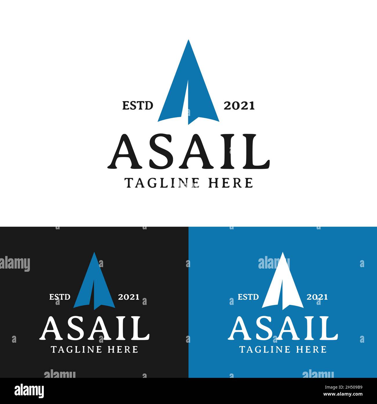 Schreiben Sie eine Vorlage Für das Design des Sail-Logos. Geeignet für Segelschiff Surfen Yacht Werft Hafen Hafen Tourismus Sport Business Company Marke etc. Stock Vektor