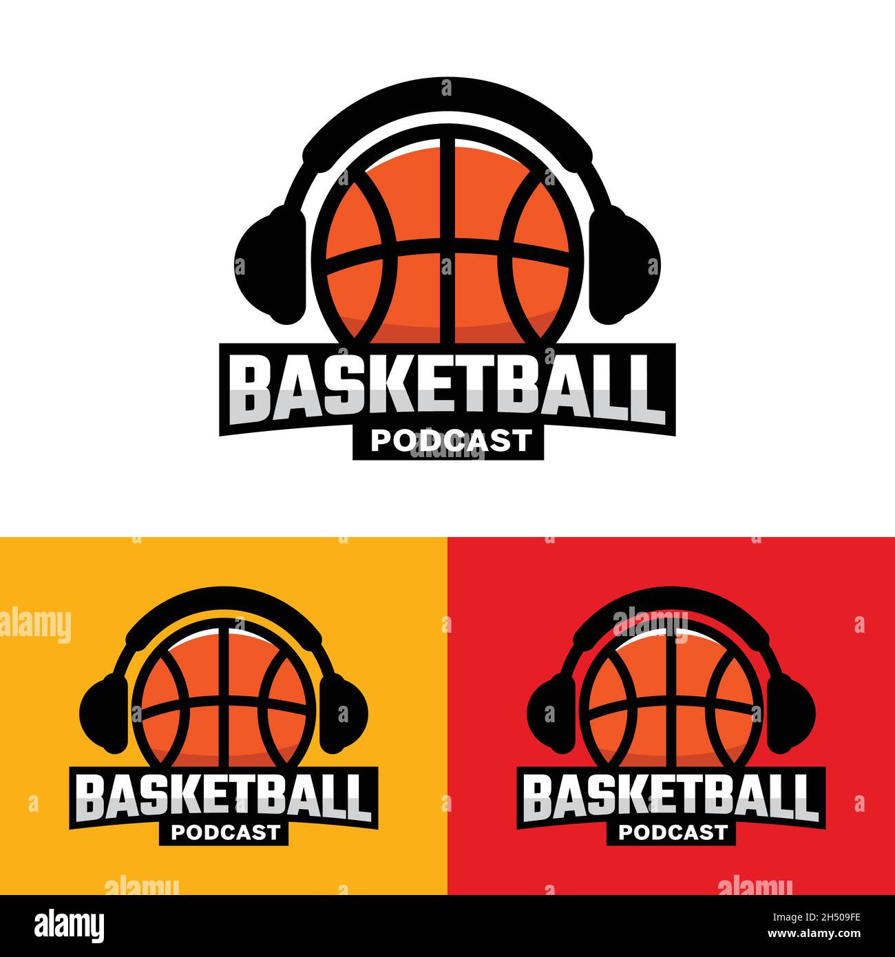 Design-Vorlage für Basketball mit Kopfhörerlogo. Geeignet für Basketball Sport Streaming Podcast Broadcast Radio Channel Business Brand Simple Modern Stock Vektor