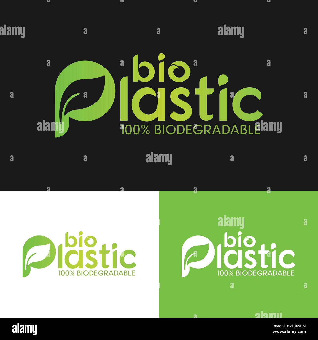 Bio-Kunststoff 100% Biologisch Abbaubar Typografie Logo Design-Vorlage. Öko-Kunststoff aus Pflanzen statt fossilen Brennstoffen, ist ein recycelbarer biologisch abbaubar. Stock Vektor