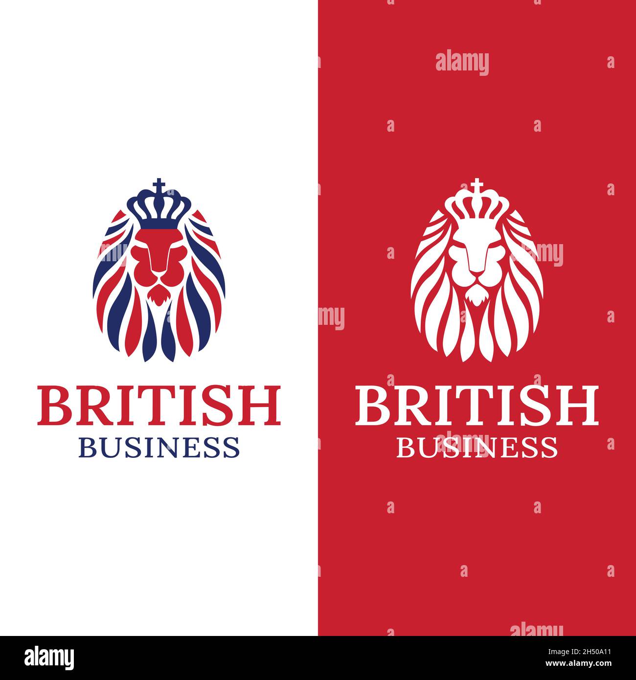 Britischer Löwenkopf mit Königskrone für England Vereinigtes Königreich British Business Brand Company Corporate in modernem abstraktem Flat Style Logo Design. Stock Vektor