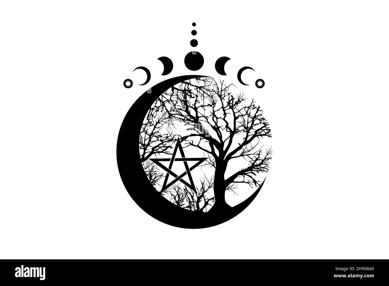 Mystische Mondphasen, Lebensbaum und Wicca-Pentakel. Heilige Geometrie. Logo, Dreifachmond, Halbmond heidnische Wiccan Göttin Symbol, Energie Kreis, Boho Stock Vektor