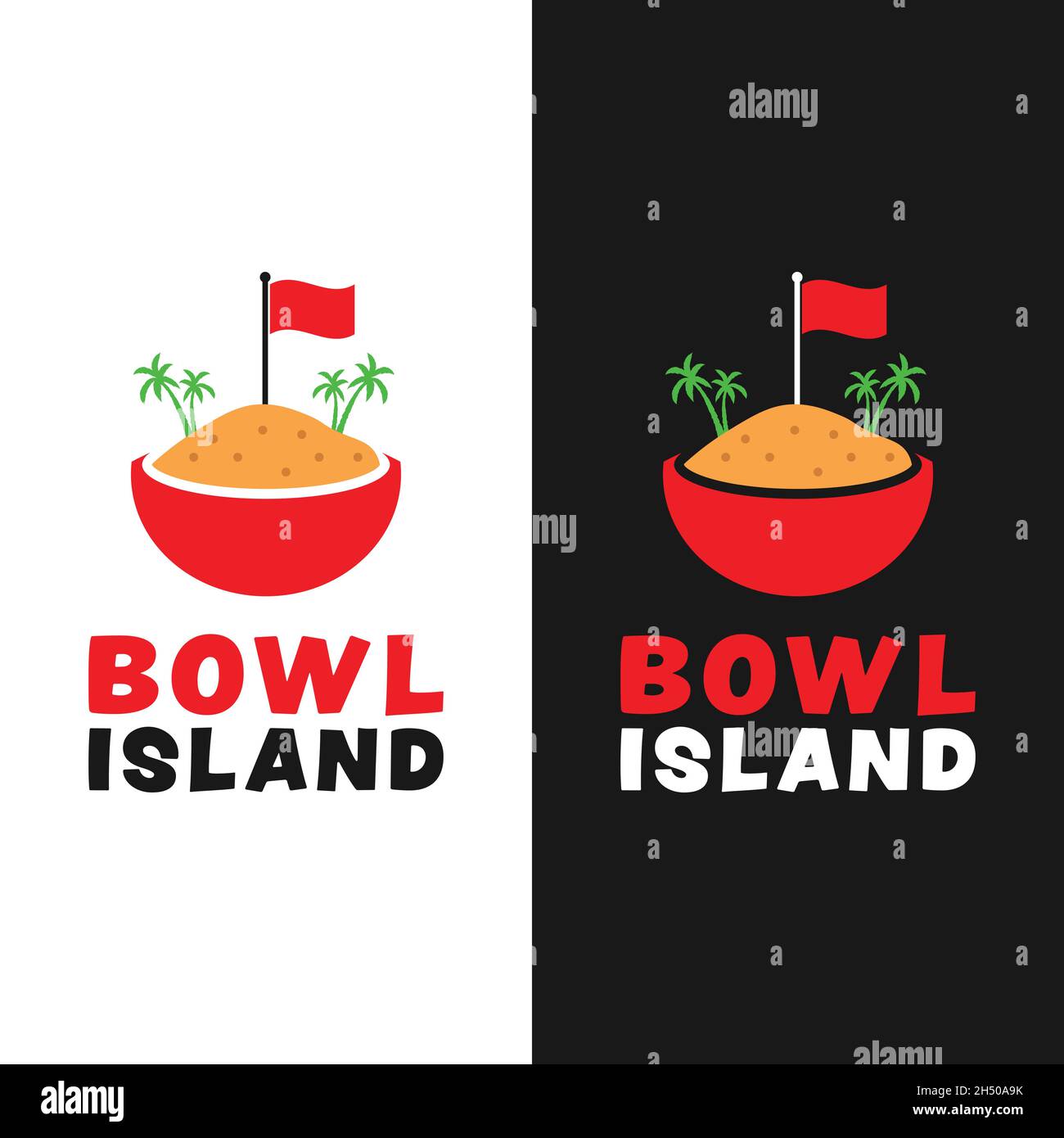 Island Illustration in a Bowl Logo Design Template. Schüssel mit gebratenen Reis oder Strandsand mit roter Flagge und Palme. Passend für Restaurant Cafe etc. Stock Vektor