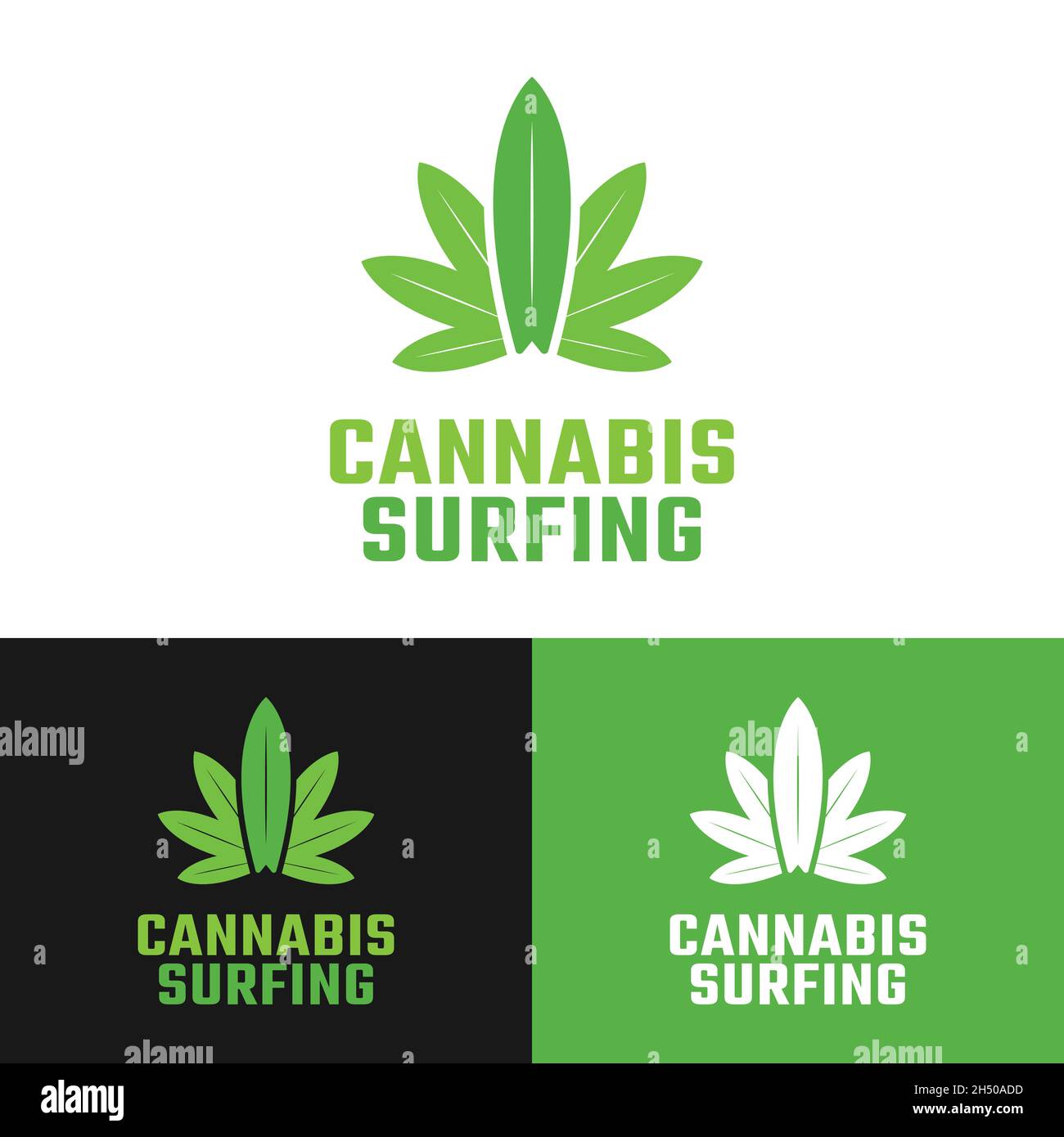 Cannabis Blätter mit Surfbrett Logo Design-Vorlage. Cannabis Hashish Weed Marihuana Hanf ist eine psychoaktive Droge aus der Cannabispflanze. Stock Vektor