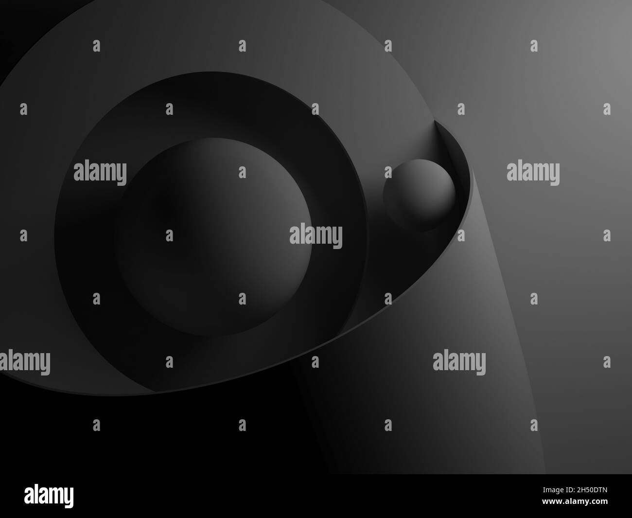 Abstrakte schwarze Stillleben-Installation mit geometrischen Primitiven. 3D-Rendering-Illustration Stockfoto