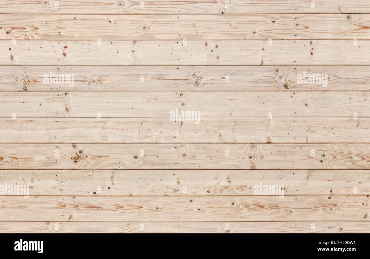 Natürliche, unverfärbte Holzwand aus Kiefernholzplatten, Vorderansicht. Nahtlose Hintergrundfotostruktur Stockfoto