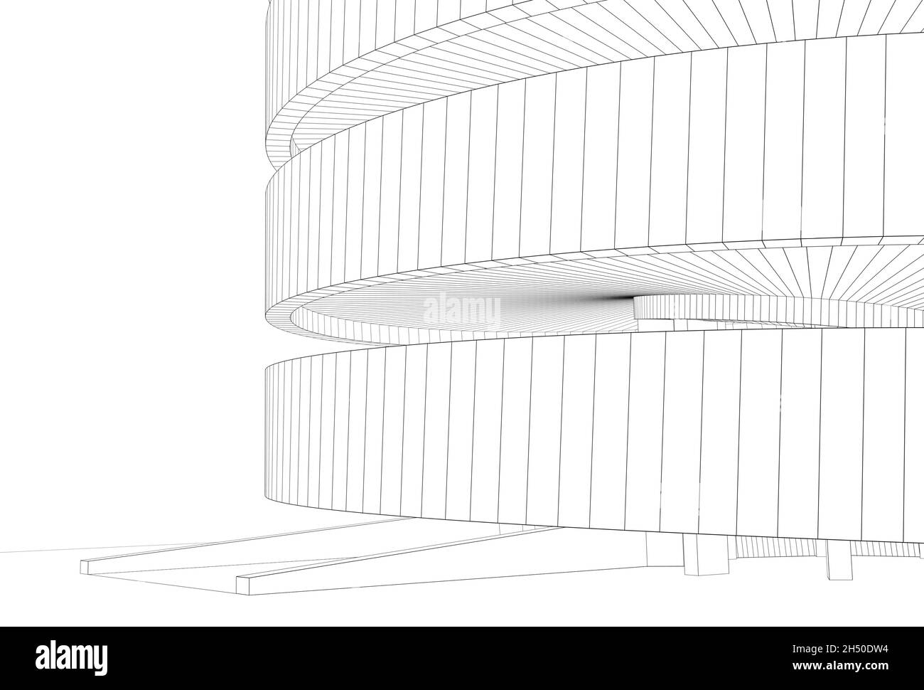 Umreißen des Drahtrahmens eines runden Turms, isoliert auf weißem Hintergrund, 3d-Darstellung Stockfoto