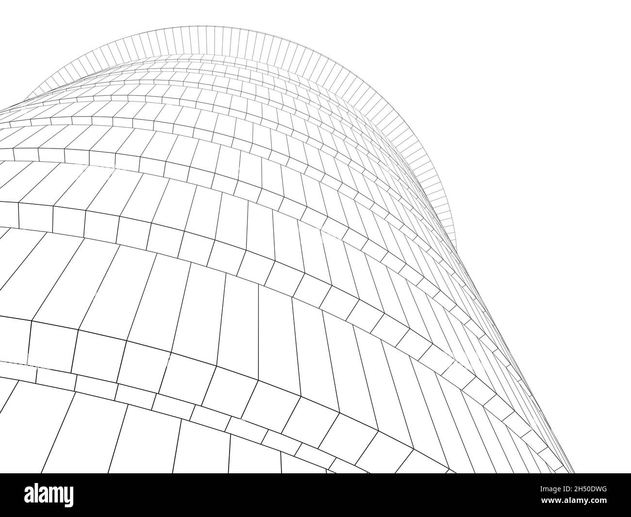 Umreißen eines Drahtrahmens eines runden Turms, perspektivische Ansicht isoliert auf weißem Hintergrund, 3d-Darstellung Stockfoto