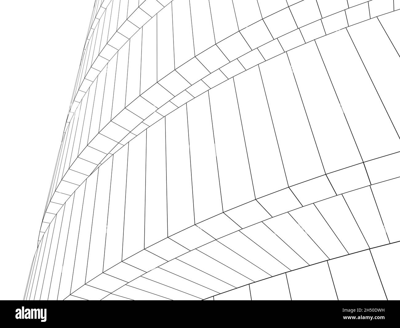Umriss eines Drahtrahmens eines runden Gebäudes außen, isolierte Konturlinien auf weißem Hintergrund, 3d-Darstellung Stockfoto