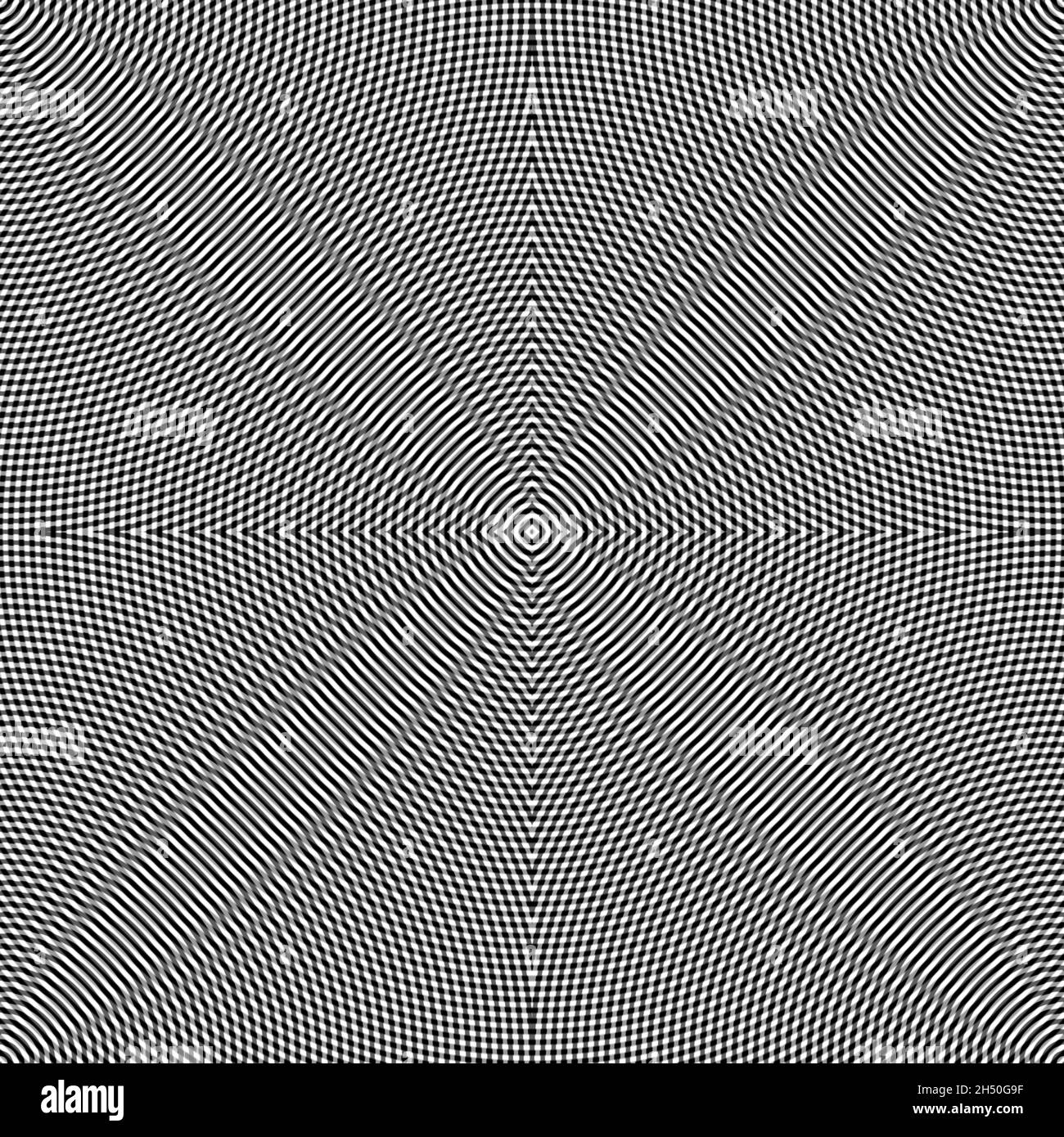 Kreisförmige schwarz-weiße Linien schaffen eine hypnotisierende gewellte Illusion, eine abstrakte Illustration Stockfoto