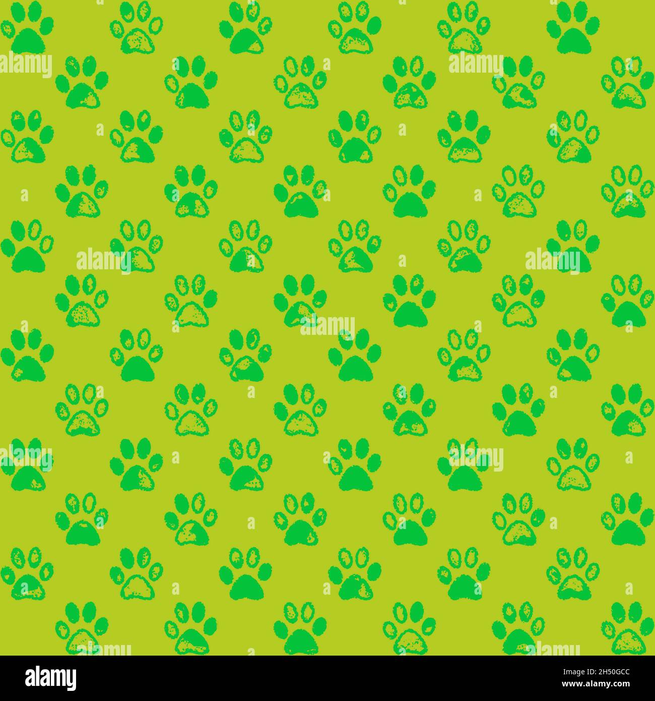 Grüne Pfote druckt auf gelbem Hintergrund, ein nahtloses Muster Stockfoto