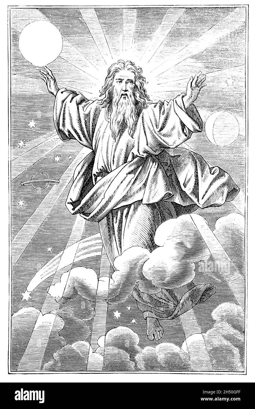 Gott hat Sonne, Mond und Sterne zum vierten Tag der Schöpfung gemacht.Bibel, Genesis, Altes Testament. Antike Vintage-Zeichnung Stockfoto