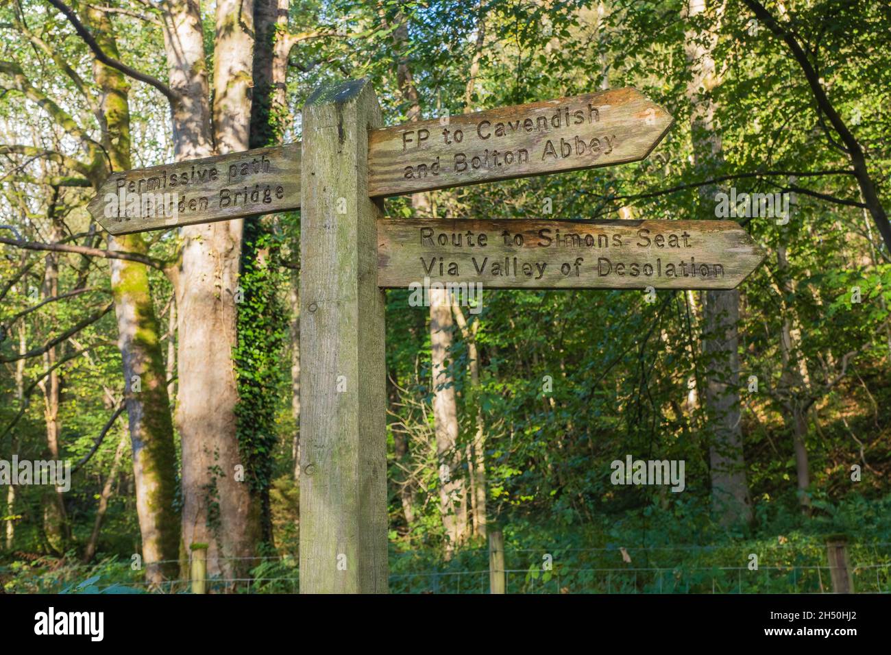 25.10.21 Bolton Abbey, North Yorkshire, UK Finger-Post-Schild mit der Aufschrift Barden Bridgew, Bolton Abbey und Simon sitzen in Strid Woods in der Nähe der Bolton Abbey in Stockfoto