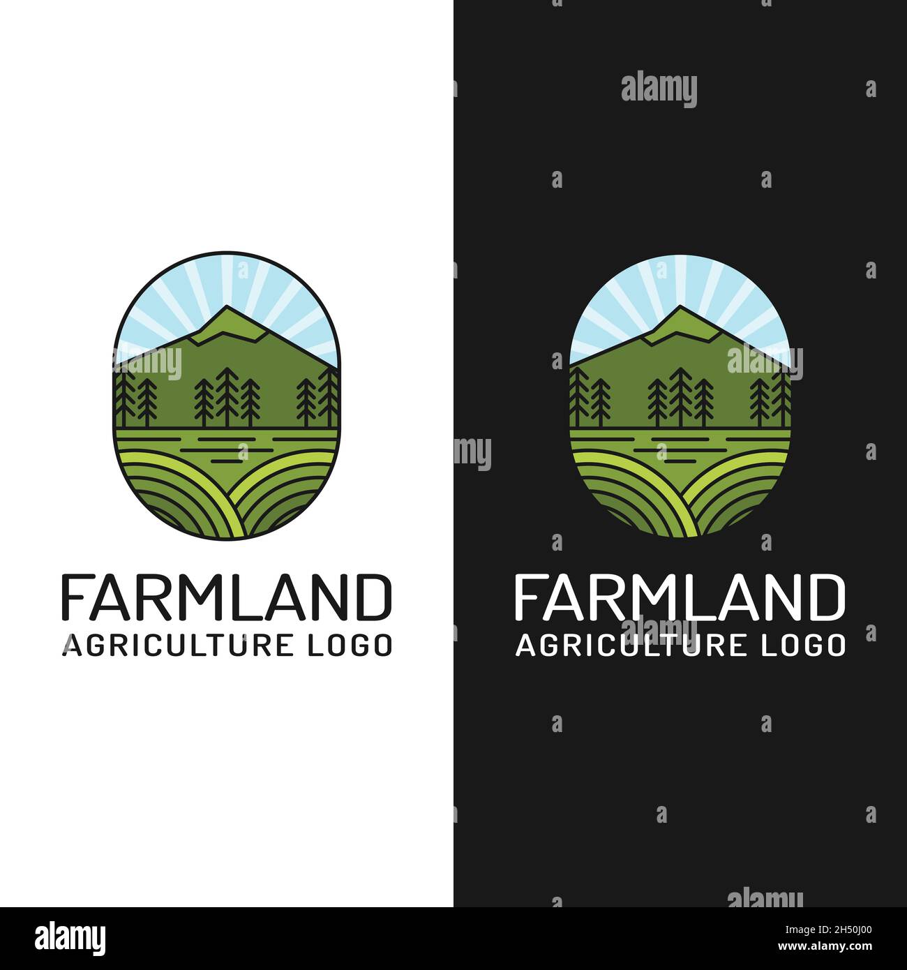 Farm Feld mit Berg in farbigen Linie Stil Logo Design-Vorlage. Geeignet für Landwirtschaft Landwirtschaft Business Brand Company Corporate Town Rural etc. Stock Vektor
