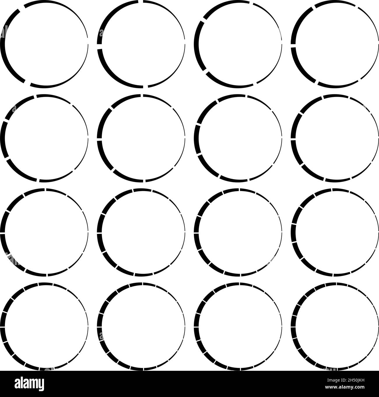 Segmentierte, geteilte Kreise mit 3, 4, 5, 6, 7, 8, 9, 10, 12, 14, 15, 16, 18, 20, 22, 24 Teile, Abschnitte. Kreisdiagramm, Kreisdiagramm-ähnliches Infografik-Element Stock Vektor