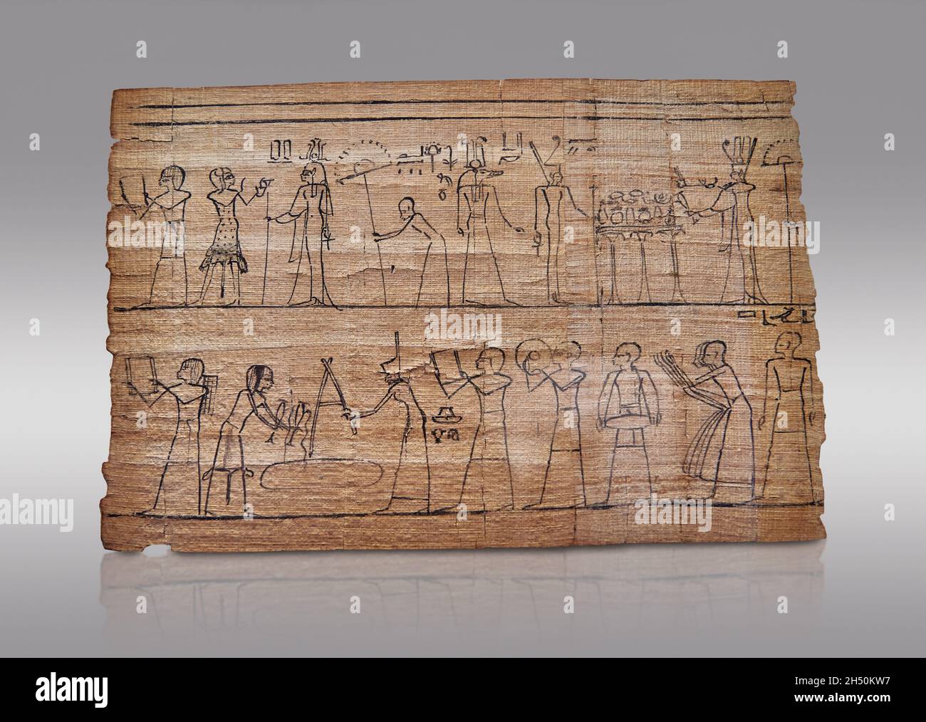 Altägyptischer Papyrus, der eine Baugrundzeremonie darstellt, 1069-664 v. Chr., 22. Dynastie. Louvre E3308. Eine Szene der göttlichen Anbetung von Sobek, Neith Stockfoto