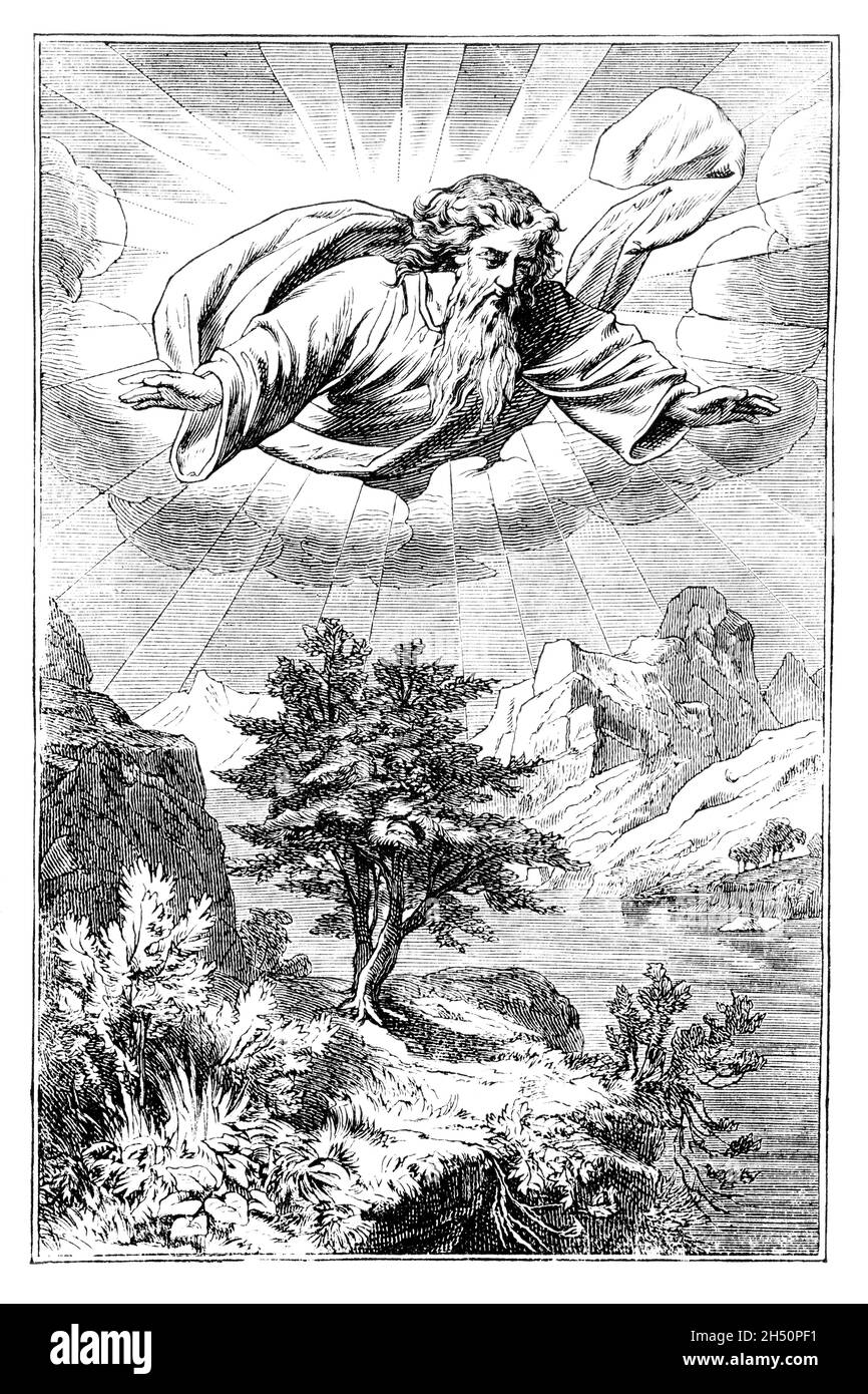 Gott machte Erde, Meer und Vegetation, 3 Tag der Schöpfung.Bibel, Genesis, Altes Testament. Antike Vintage-Zeichnung Stockfoto