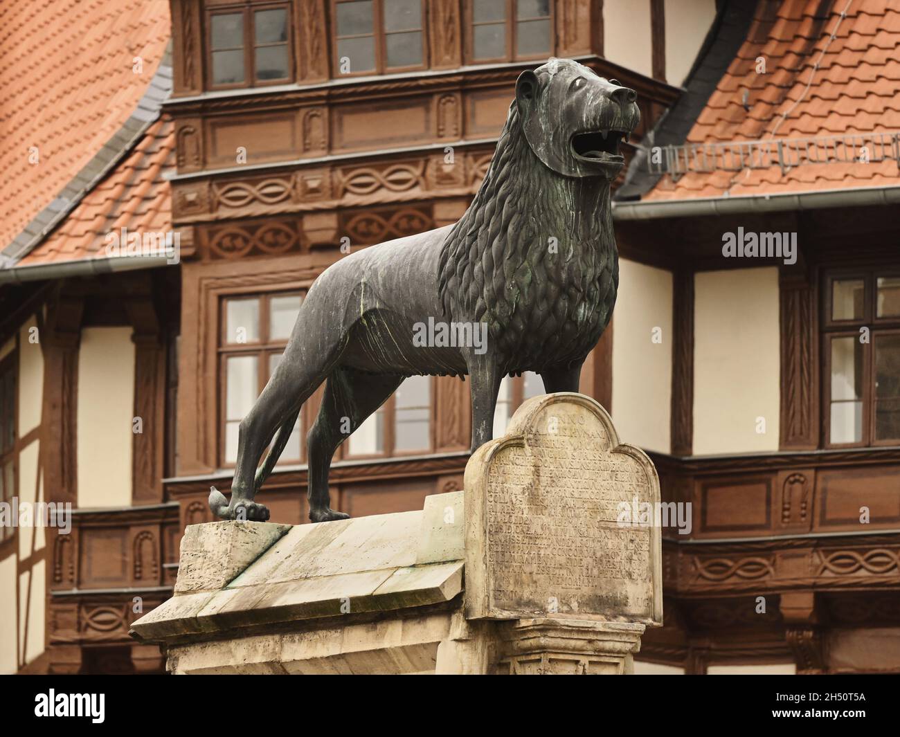 Braunschweiger Löwe, Brunswick Löwenstatue in der Altstadt von Braunschweig, Niedersachsen, Deutschland. Wahrzeichen, ein Symbol der Stadt. Stockfoto