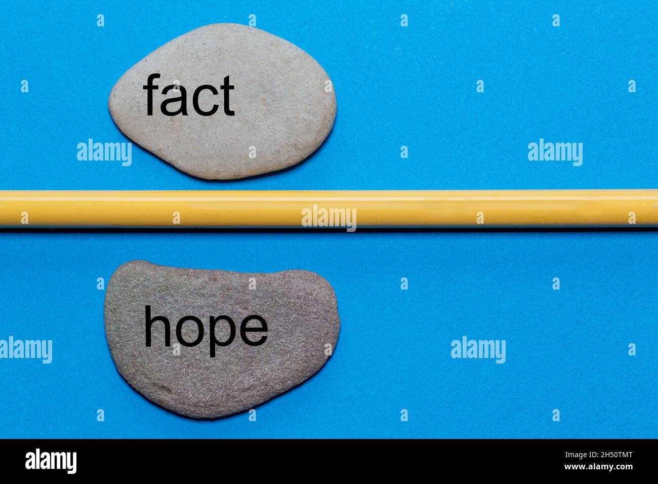 Die Worte Tatsache und Hoffnung sind auf natürlichen glatten Steinen geschrieben, die durch einen gelben Bleistift getrennt sind. Der Hintergrund ist blau isoliert und hat viel Platz Stockfoto