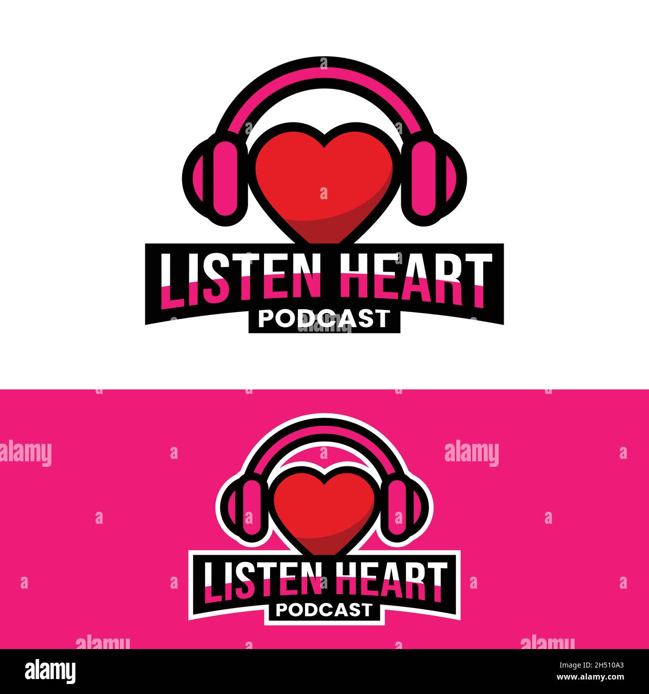 Design-Vorlage für Herz mit Kopfhörerlogo. Geeignet für Liebe romantische Valentine Dating Streaming Podcast Broadcast Radio Kanal Business Marke einfach Stock Vektor