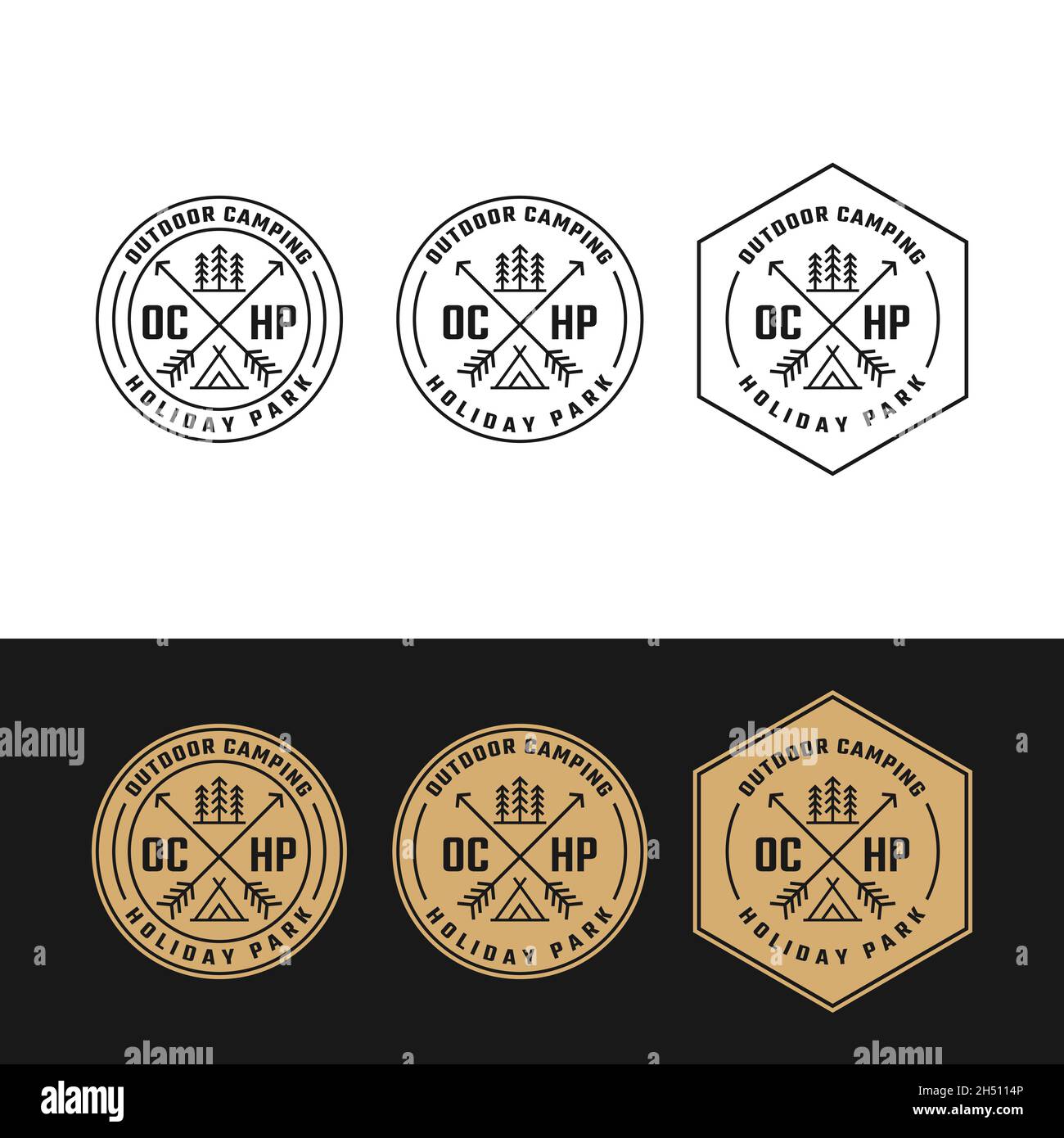 Gekreuzte X Pfeile Zelt und Bäume für Camping Abenteuer Outdoor Jagd Sport Ausrüstung Bekleidung Business Brand Community Club Classic Unique Hipster Retro Stock Vektor