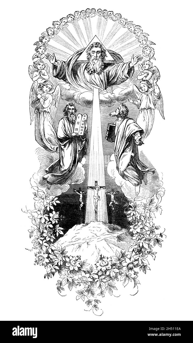 Gott nimmt den gekreuzigten Jesus Christus auf den Himmel. Engel und Propheten. Bibel, Neues Testament. Antike Vintage-Zeichnung Stockfoto