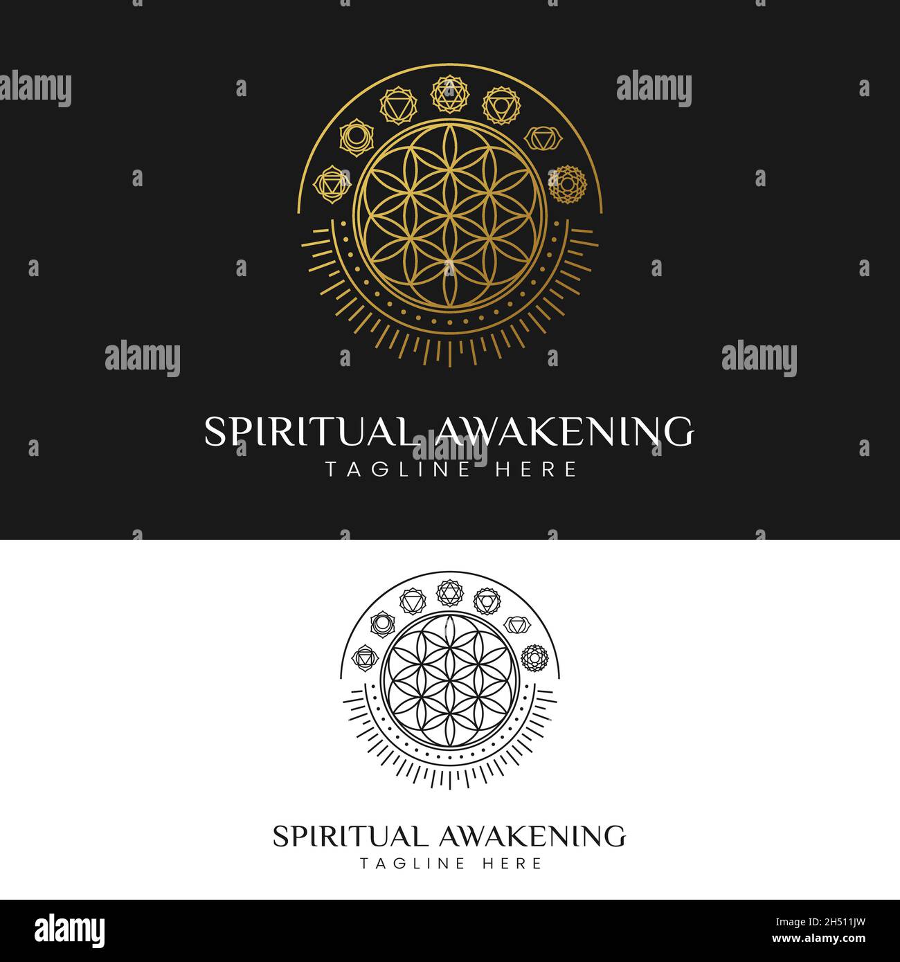 Spirituelles Erwachen mit Blume des Lebens und 7 Chakra Symbole Logo Design-Vorlage. Geeignet für Meditation Yoga Studios oder Gesundheitsmedizin etc. Stock Vektor