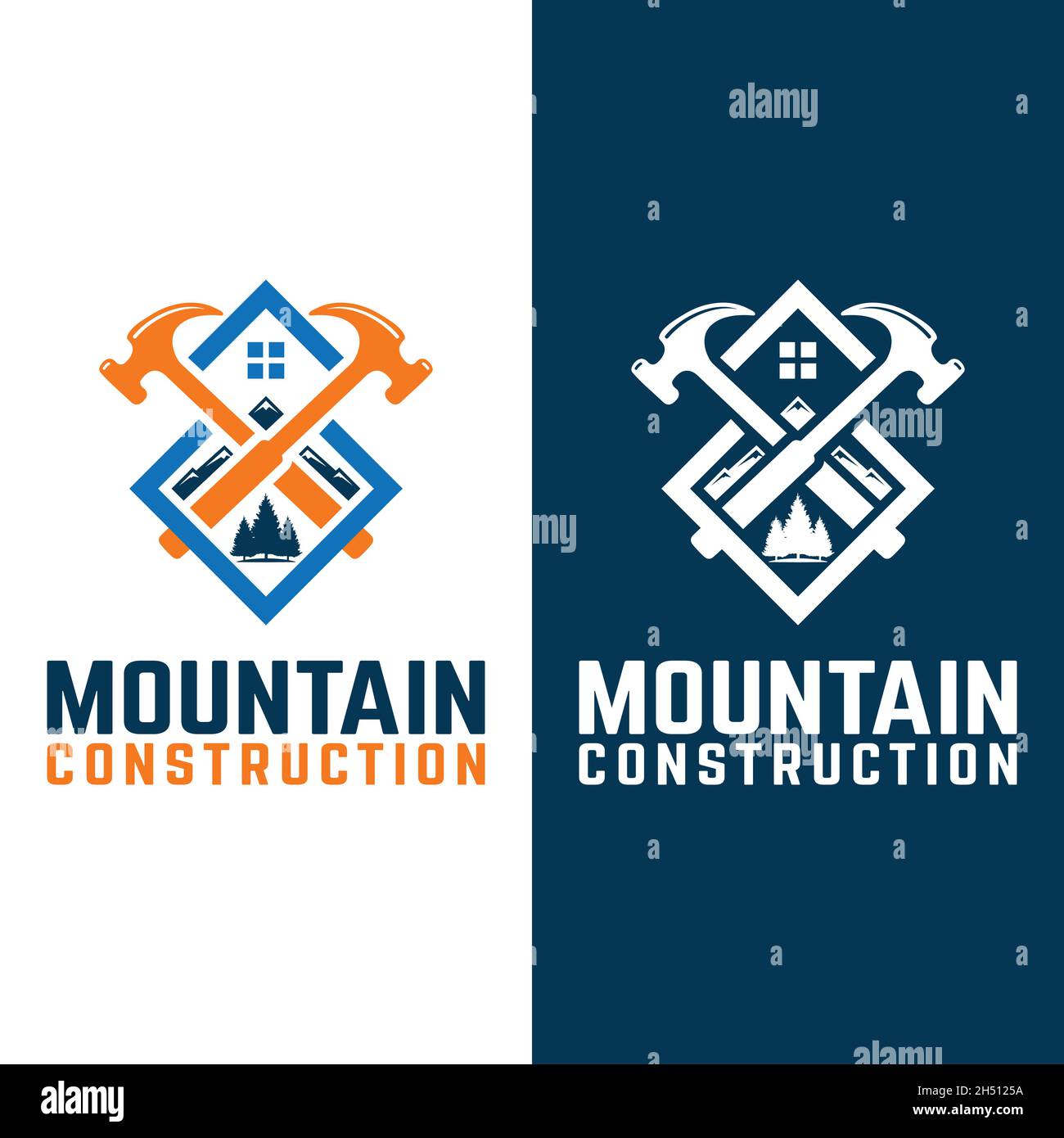 Design-Vorlage Für Mountain Construction Logo. Hämmer, Berge, Bäume und Dächer von Häusern symbolisieren den Bau in der Natur. Stock Vektor