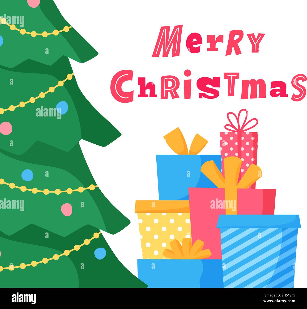 Frohe Weihnachten. Geschmückter Weihnachtsbaum mit Stapel Geschenkschachteln. Flache Vektorgrafik im Cartoon-Stil. Stock Vektor