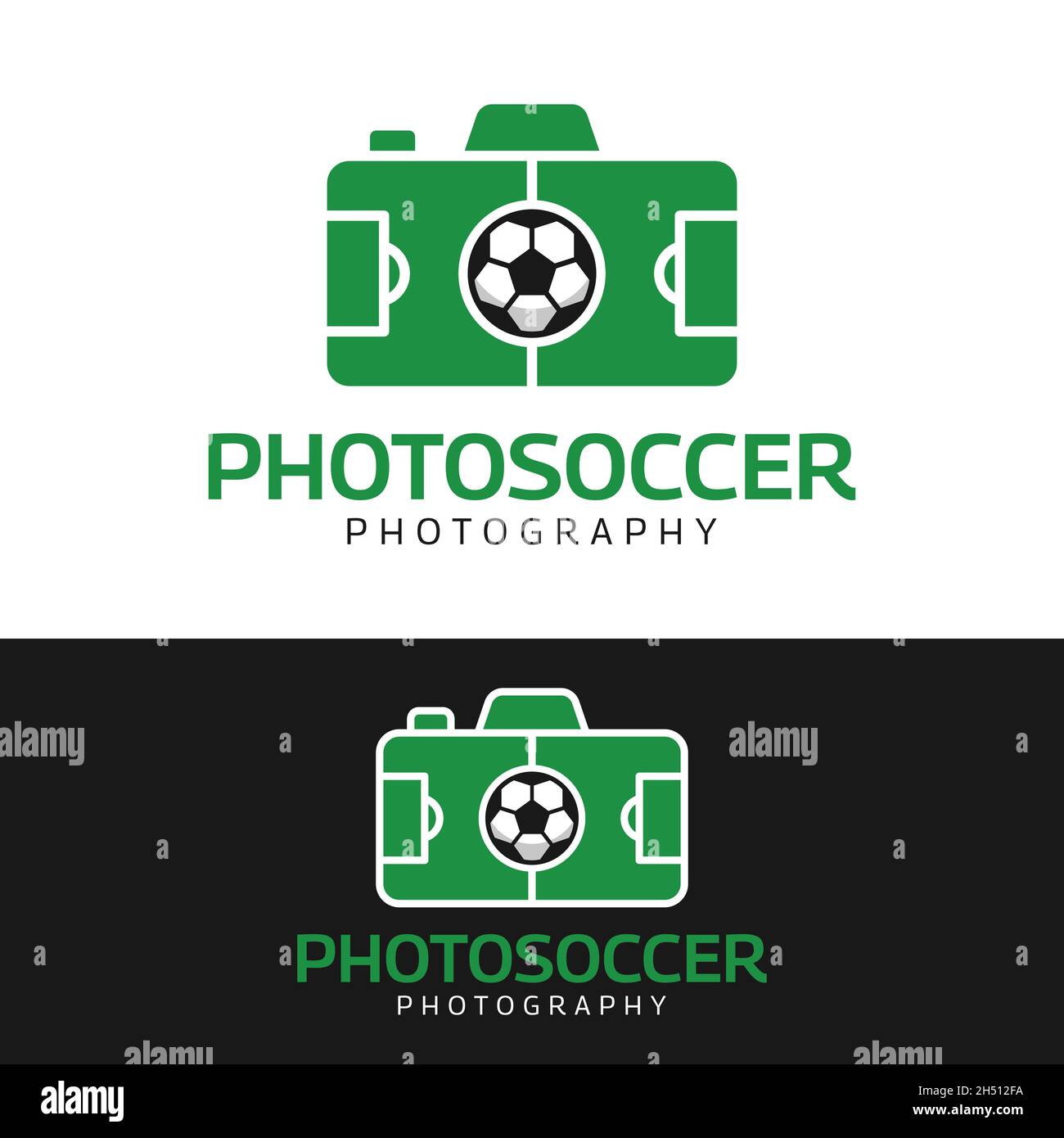 Kamera mit Fußballfeld und Ball Logo Design Vorlage. Geeignet für Fotografie Fotostudio, Fotograf, Sport, Kameramänner, Reporter usw.. Stock Vektor