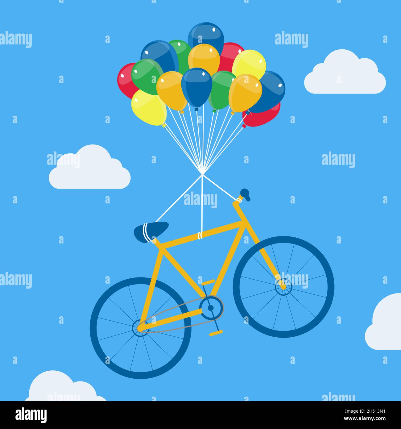 Fahrrad hängt an Heliumballons, schwebt und schwebt in den Himmel. Stock Vektor