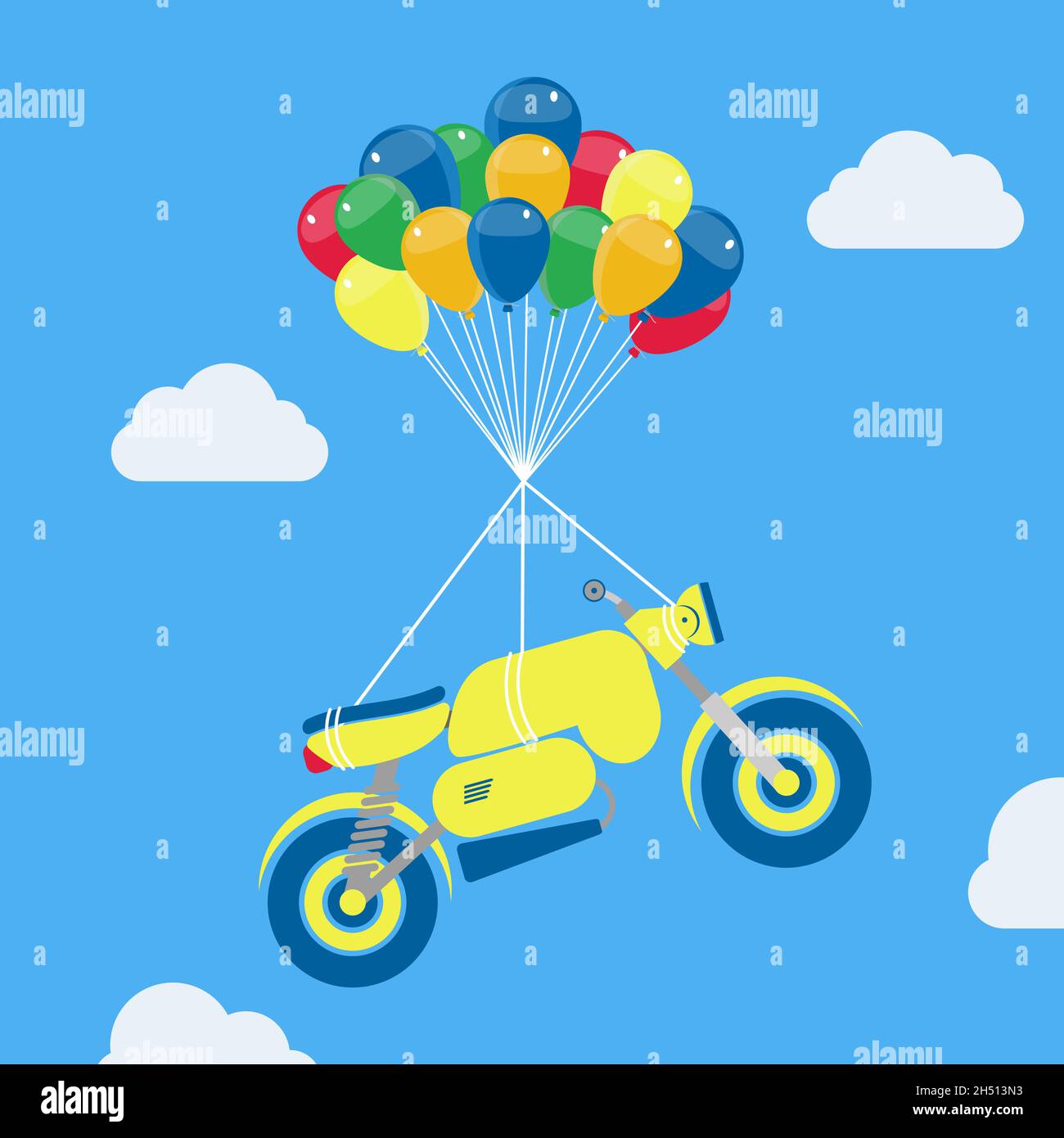Motorrad hängt an Heliumballons, schwebt und schwebt in den Himmel. Stock Vektor