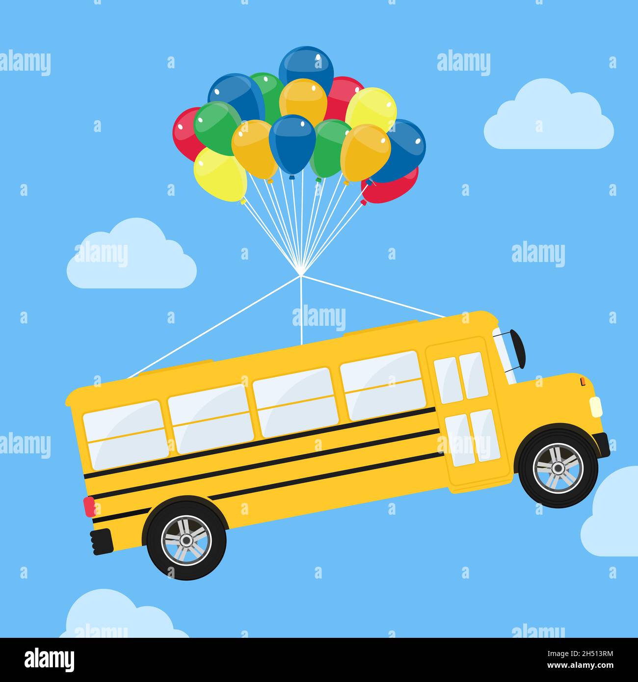 Schulbus, der an Heliumballons hängt, schwebt und in den Himmel schwebt. Stock Vektor