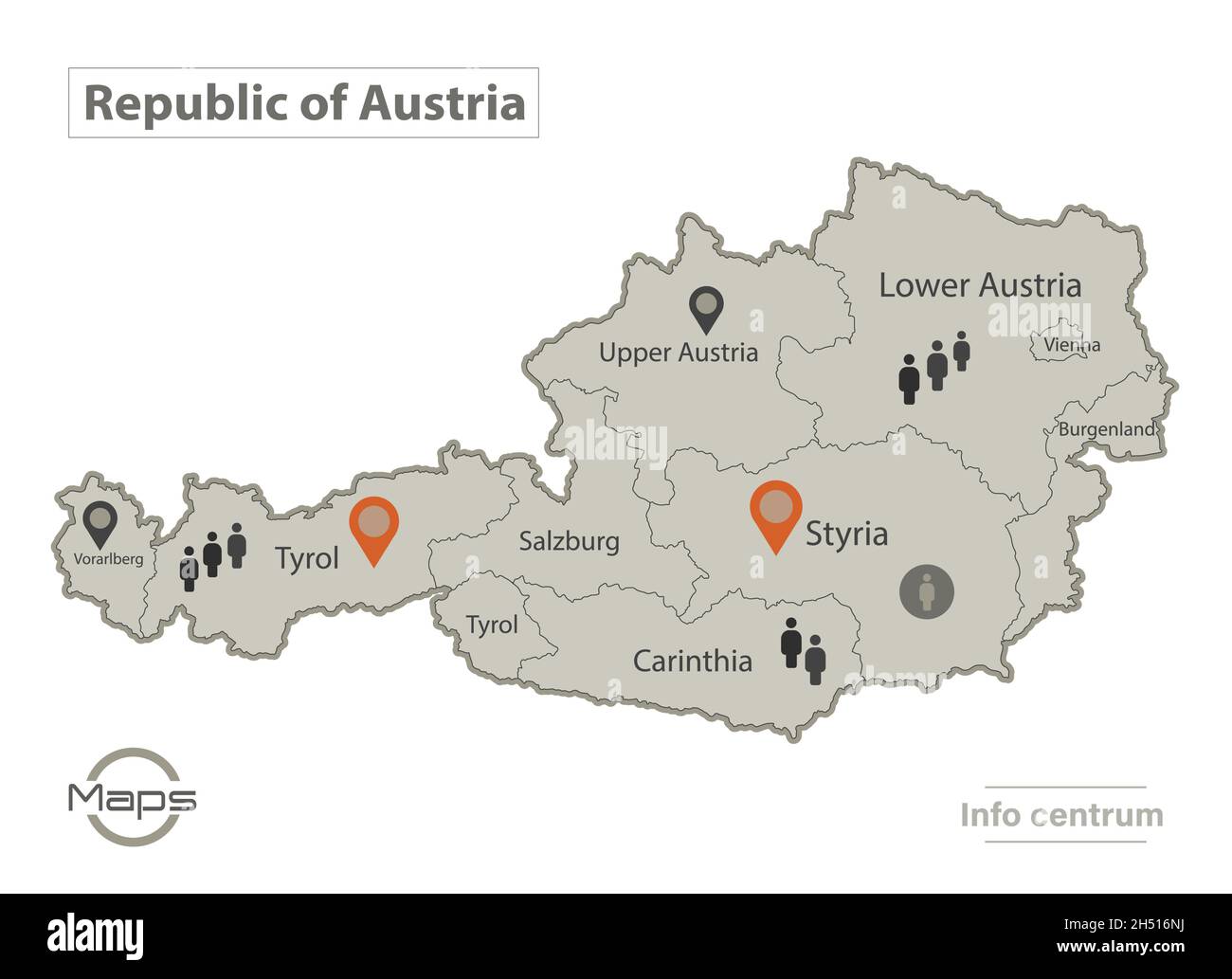 Österreich-Karte, einzelne Regionen mit Namen, Infografiken und Symbolvektoren Stock Vektor