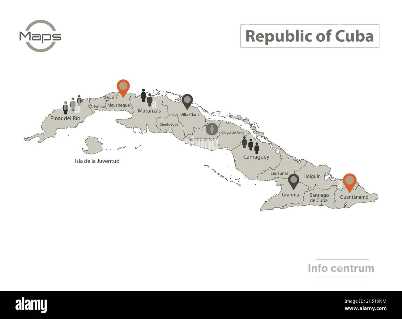 Kuba-Karte, einzelne Regionen mit Namen, Infografiken und Symbolvektoren Stock Vektor
