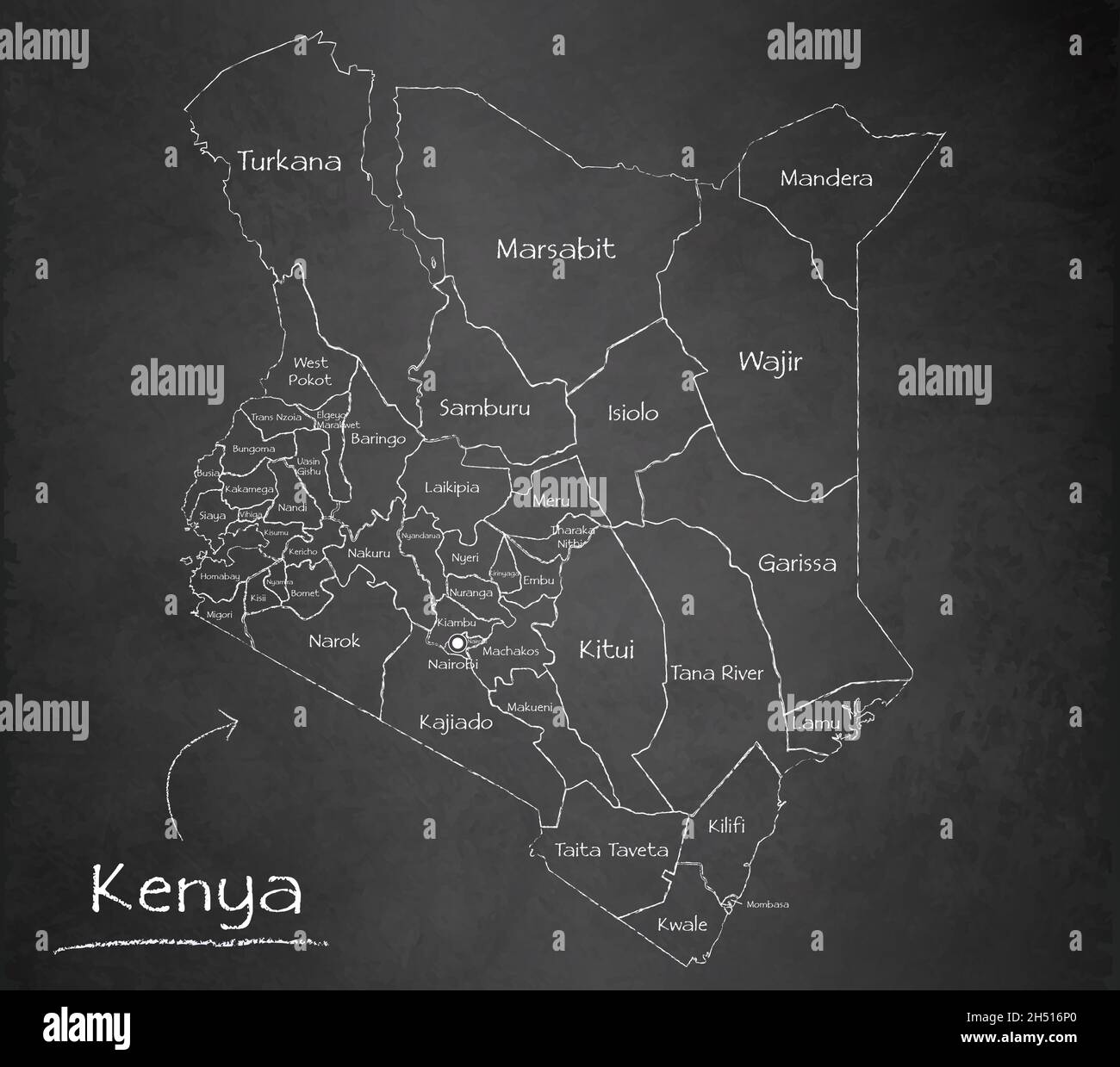 Kenya Karte, trennt Regionen und Namen, Design-Karte Tafel, Tafel Vektor Stock Vektor