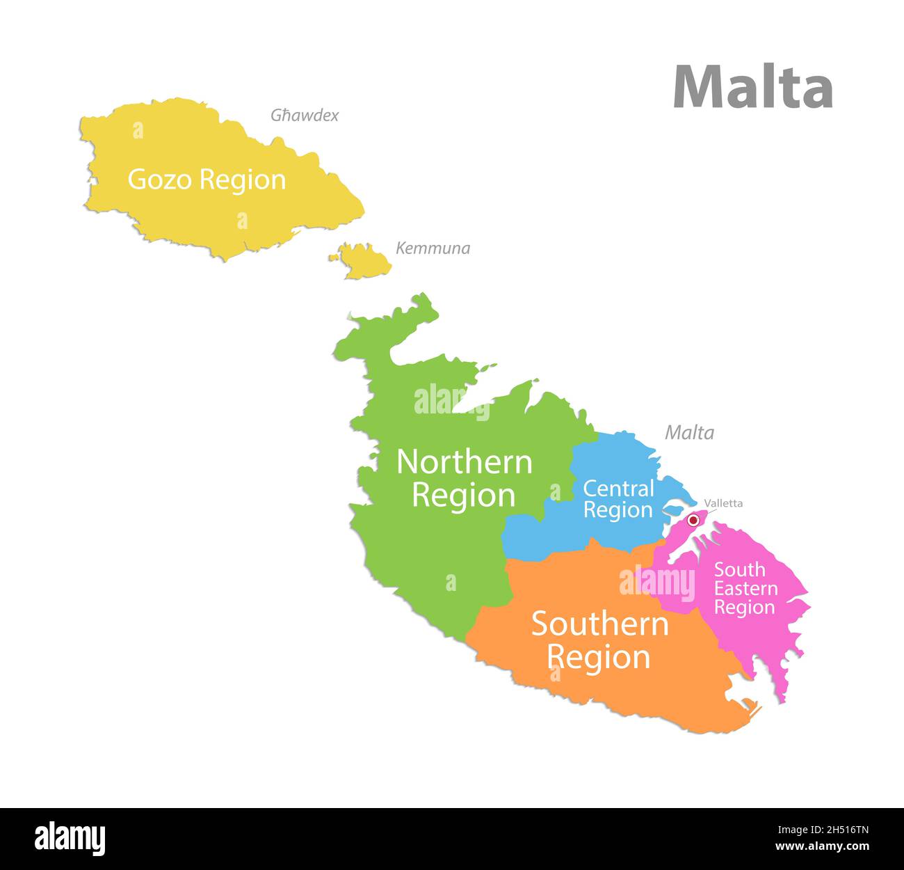 Malta Karte, Aktuelle Regionen mit Namen, Politik von Malta, isoliert auf weißem Hintergrund Vektor Stock Vektor