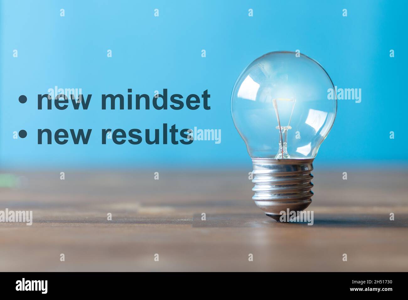 An der blauen Wand stehen die Worte: New Mindset New results. Neben der Schrift steht eine uralte Glühbirne mit glühendem Licht frei und aufrecht Stockfoto