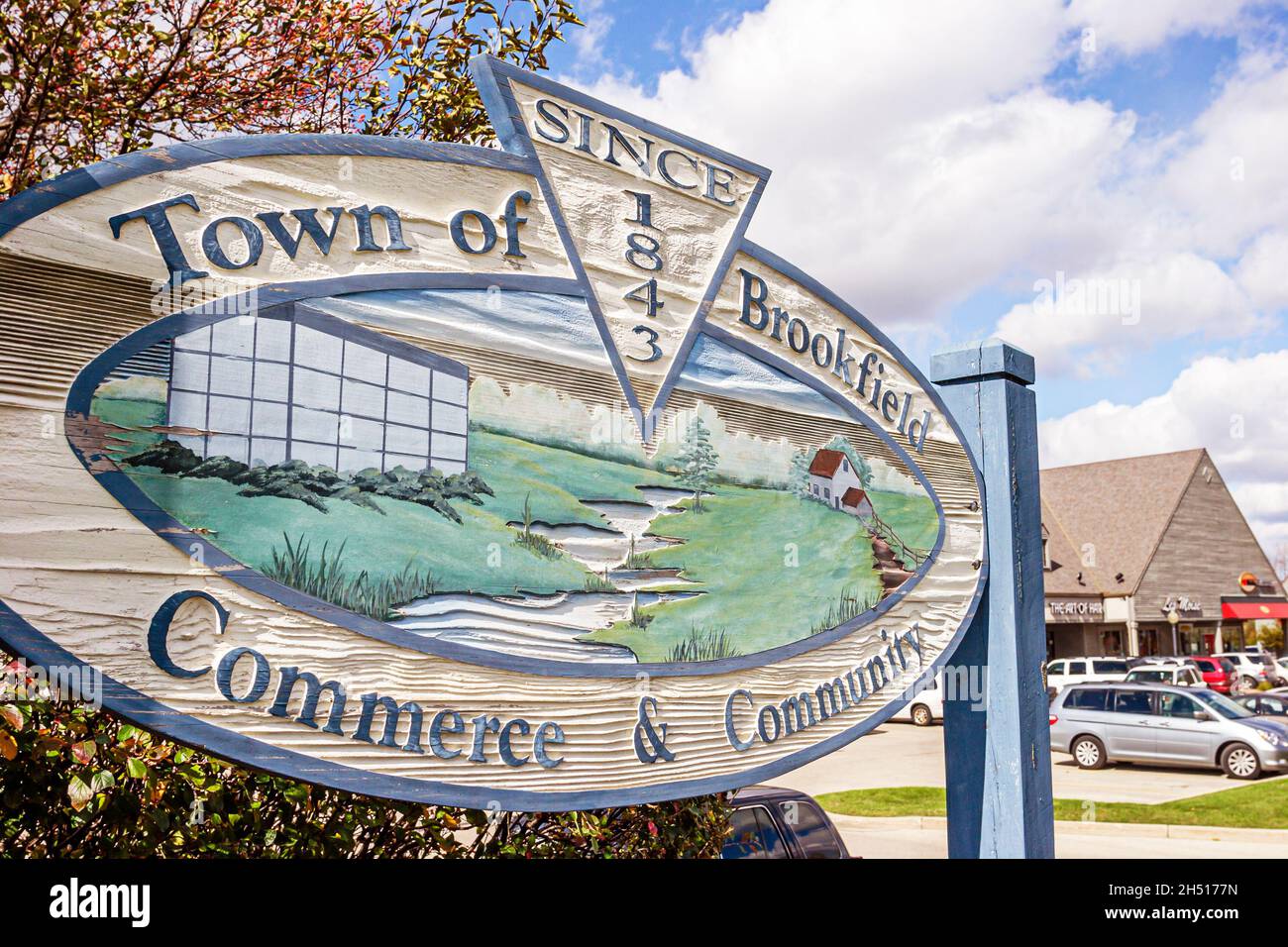 Brookfield Wisconsin, Bluemound Road, Stadt Brookfield Begrüßungsschild Stockfoto