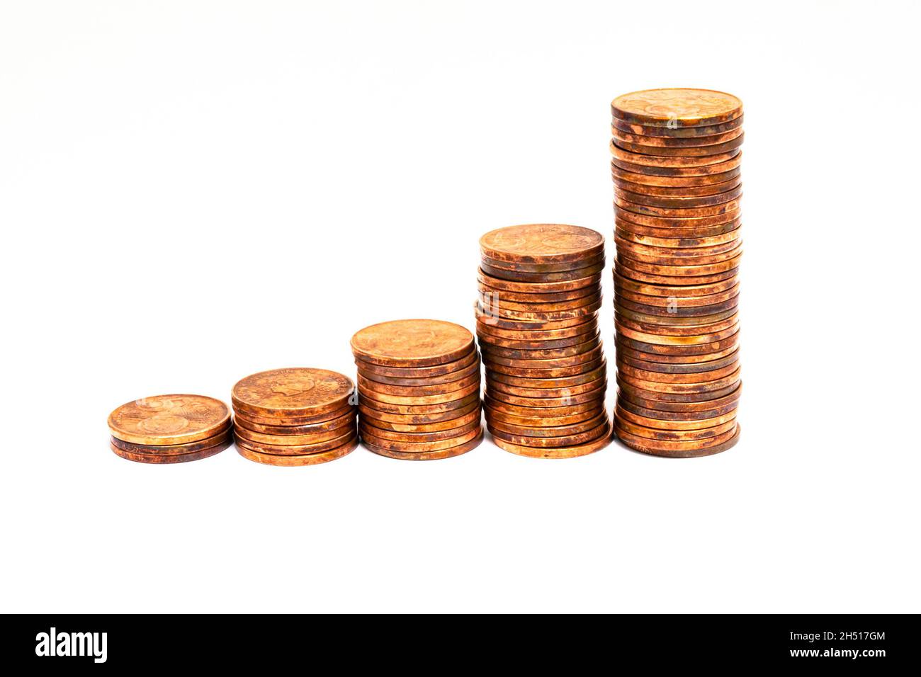 Stapel von 5-Euro-Cent-Münzen, die allmählich an Höhe zunehmen. Symbolisch für Wirtschaftswachstum oder Inflation. Stockfoto