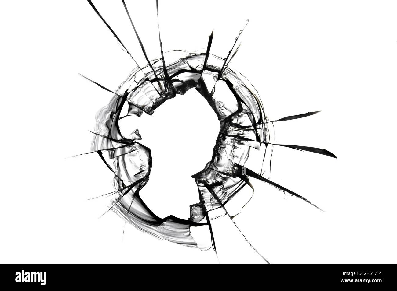 Foto von zerbrochenem Glas mit gesprungener Textur auf weißem Hintergrund. Für das Design Stockfoto