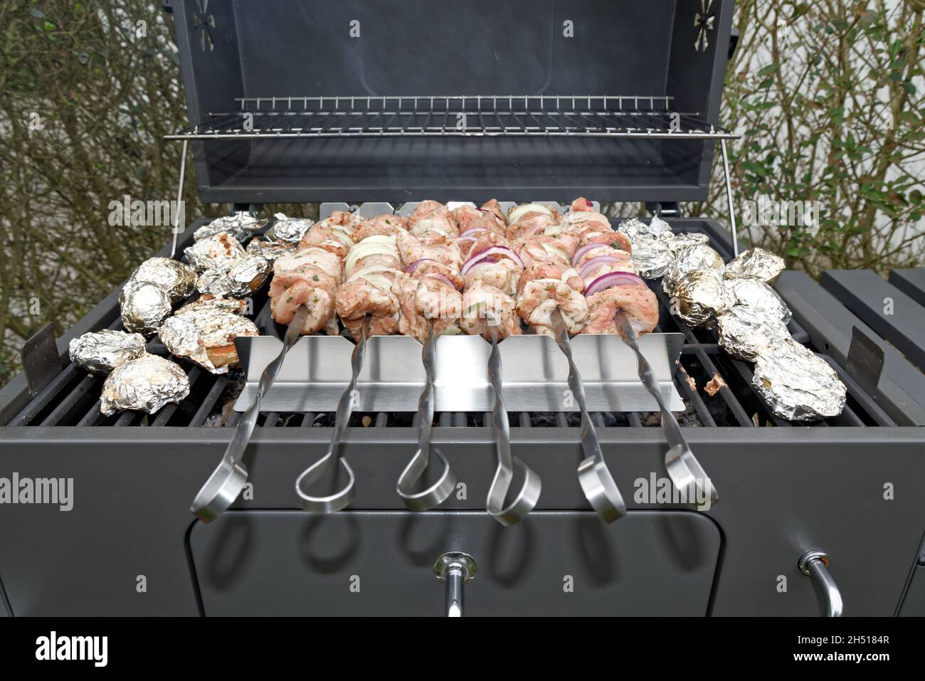 Marinierter Schaschlik oder Schischkebab, der auf dem Grill über Holzkohle zubereitet wird. Shashlik ist in Osteuropa sehr beliebt. Shashlyk oder Spieß Fleisch war original Stockfoto