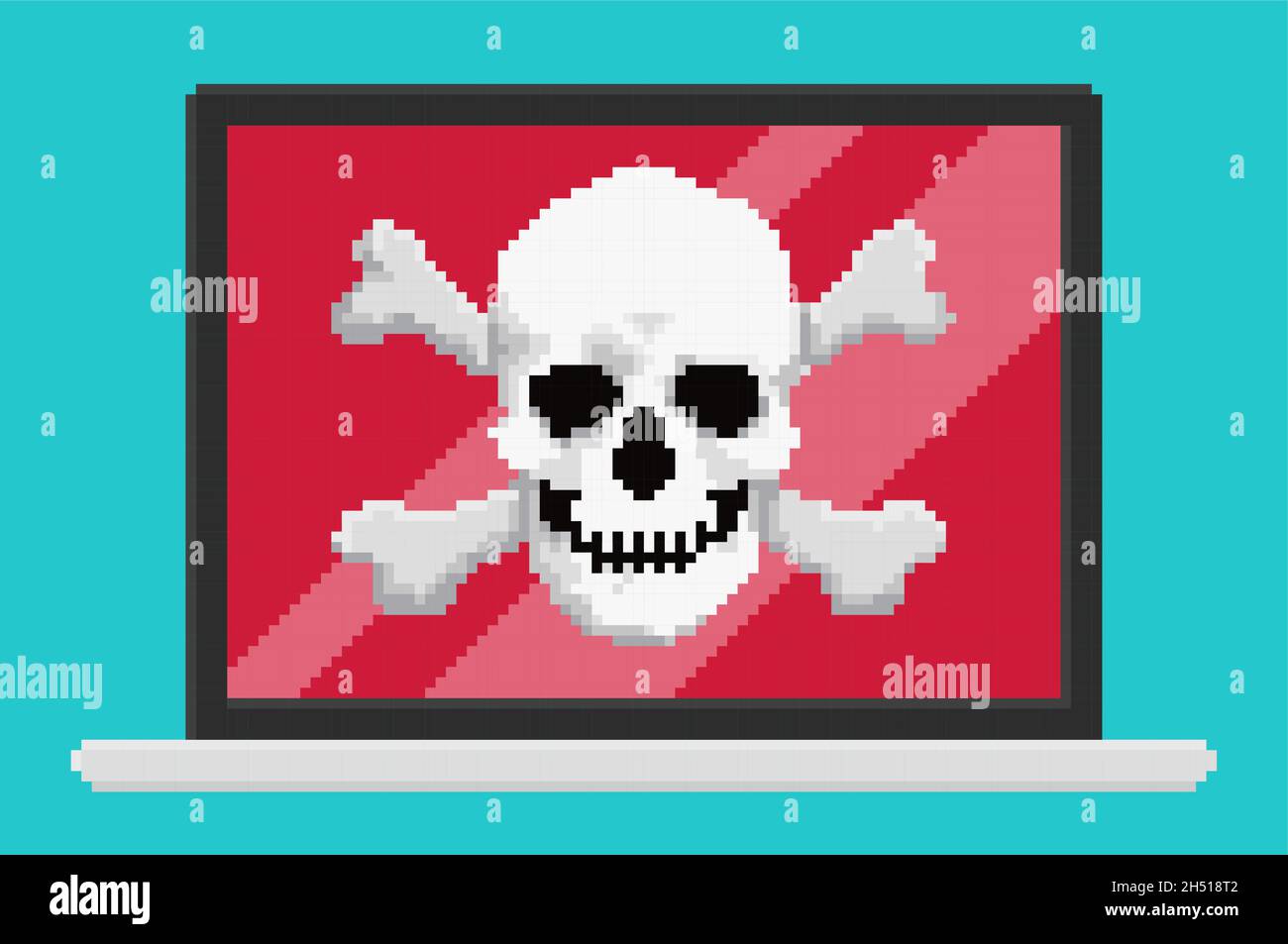 Pixel Art Vektor-Illustration von Virus Schädel auf Laptop-Bildschirm. Sicherheit Vektor Illustration, flache Cartoon Design Desktop-pc, Konzept der firewal Stock Vektor