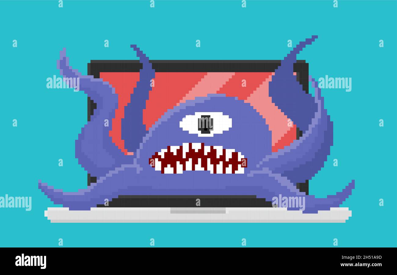 Pixelkunst, Vektor von Computerviren, die Laptop angreifen. Ein Augenmonster ist ein Symbol des Computervirus. Abbildung Stock Vektor
