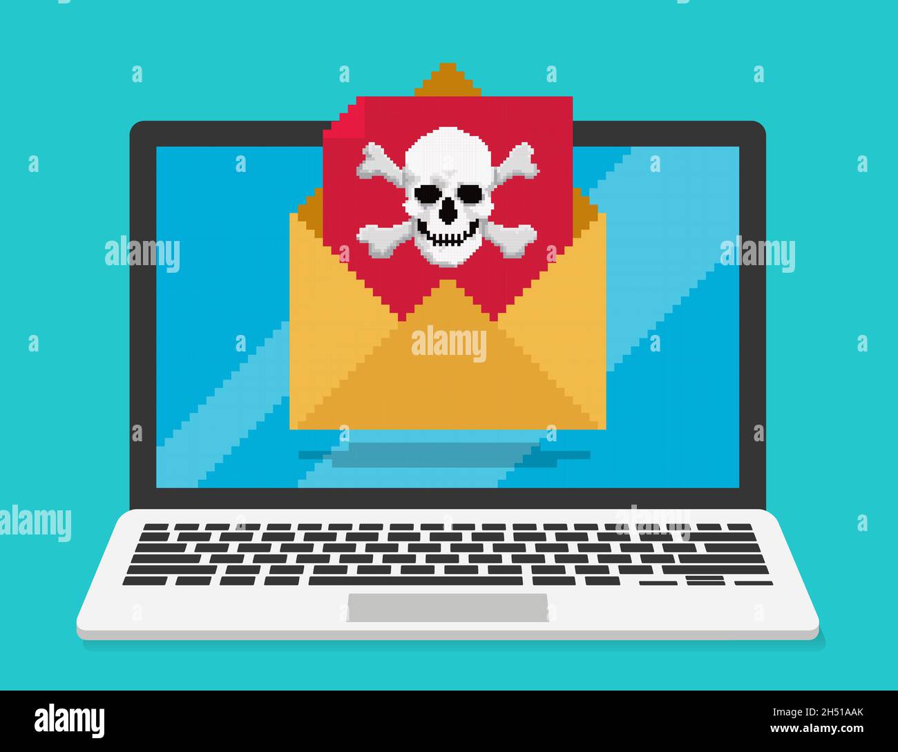 Pixelkunst, Vektordarstellung von E-Mails mit Computerviren. Der Schädel erscheint auf einem roten Buchstaben, der aus dem Umschlag ragt Stock Vektor