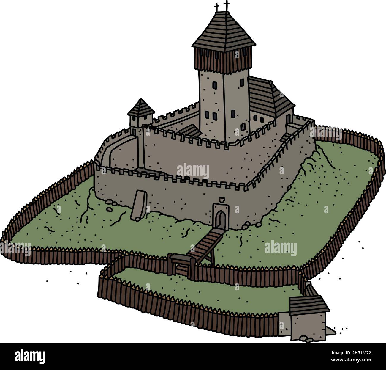 Die vektorisierte Handzeichnung einer alten gotischen Steinburg Stock Vektor