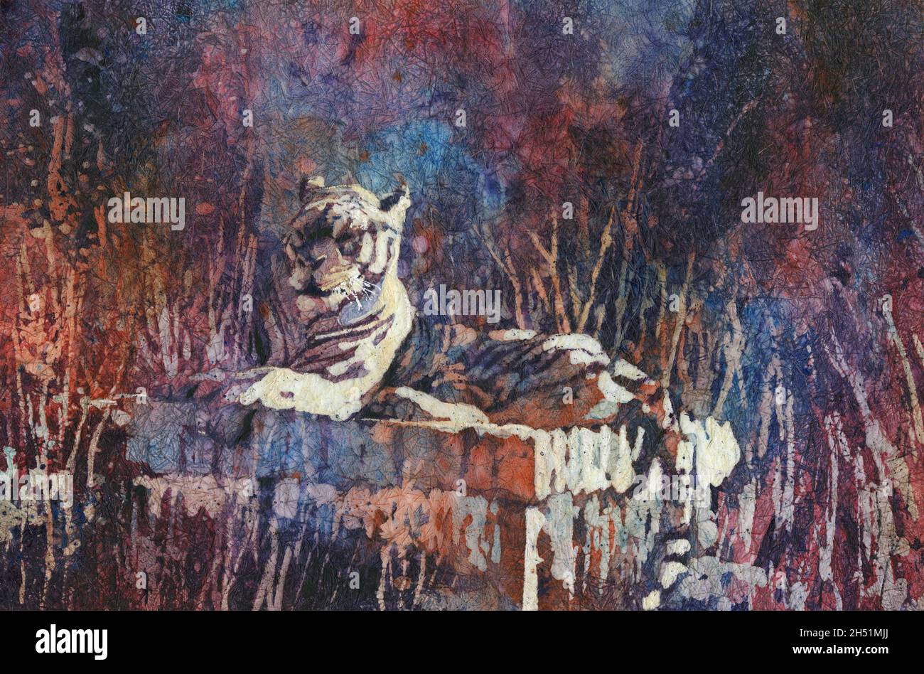 Tiger liegt auf der Bank im Rettungszentrum. Aquarell Batik des Tigers außerhalb bunte Tiger Malerei Kunstwerk große Katze Dekor Stockfoto