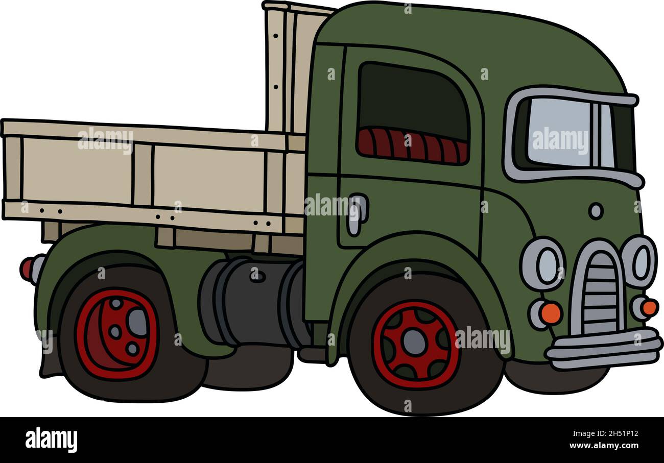Die vektorisierte Handzeichnung eines grünen LKW im Retro-Stil Stock Vektor