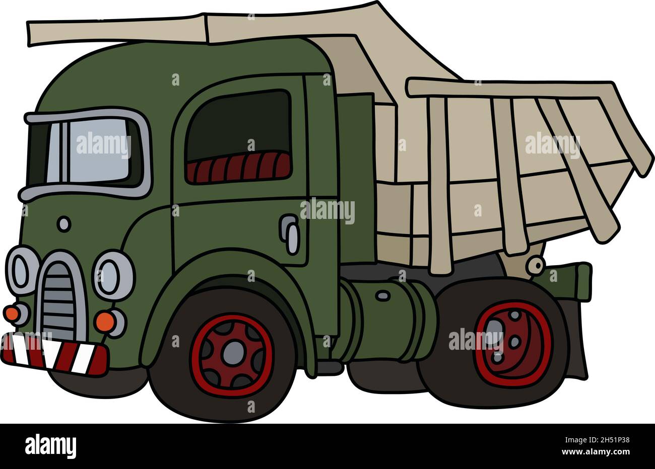 Die vektorisierte Handzeichnung eines Retro Green Dumper Trucks Stock Vektor