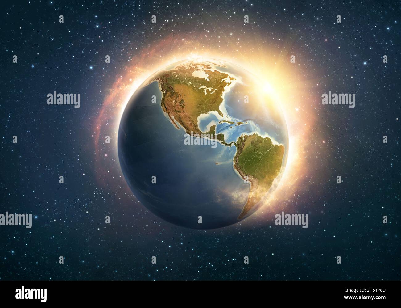 Globale Erwärmung, Klimawandel, weltweite Katastrophe auf dem Planeten Erde, Nord- und Südamerika. 3D-Illustration - Elemente dieses Bildes, die von NAS eingerichtet wurden Stockfoto